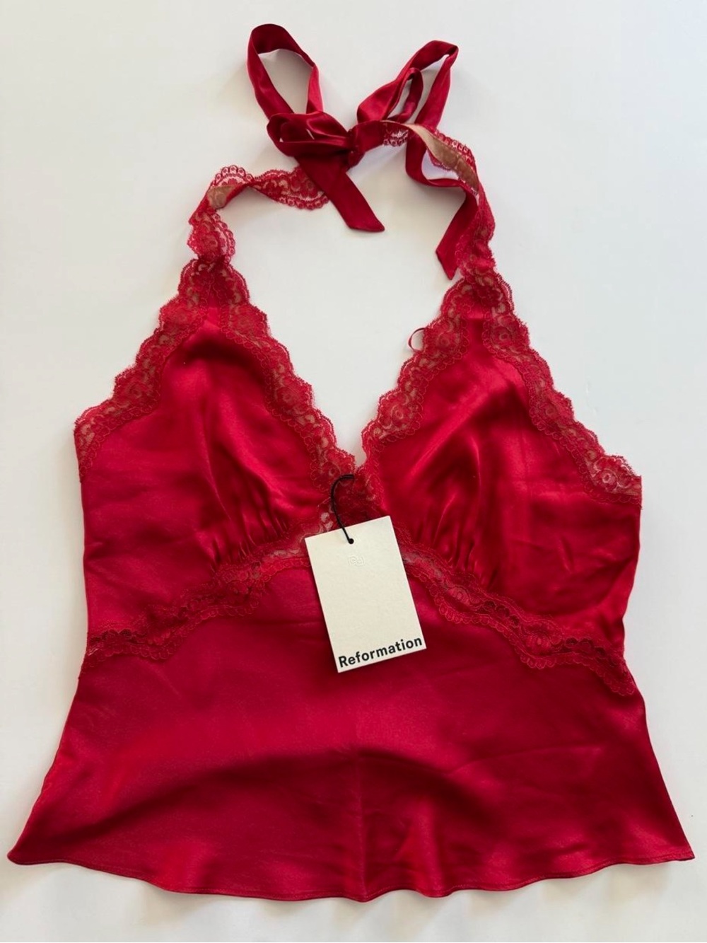 Reformation Monica Red Silk Lace-Trim Halter Camisole